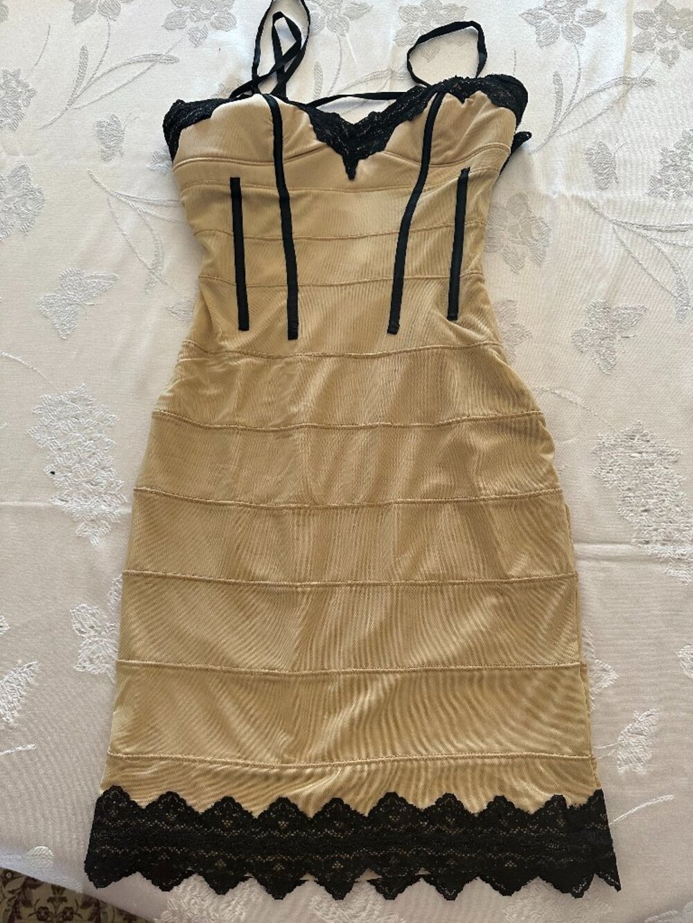 NWT bebe Gina Mesh BodyCon Dress S Nude Black Lace Corset Y2K